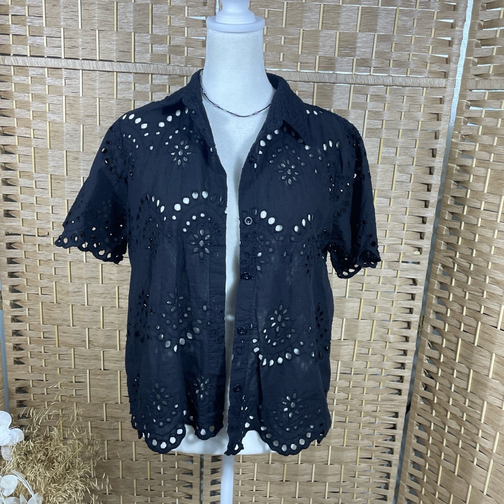 Black Eyelet Button-Up Shirt